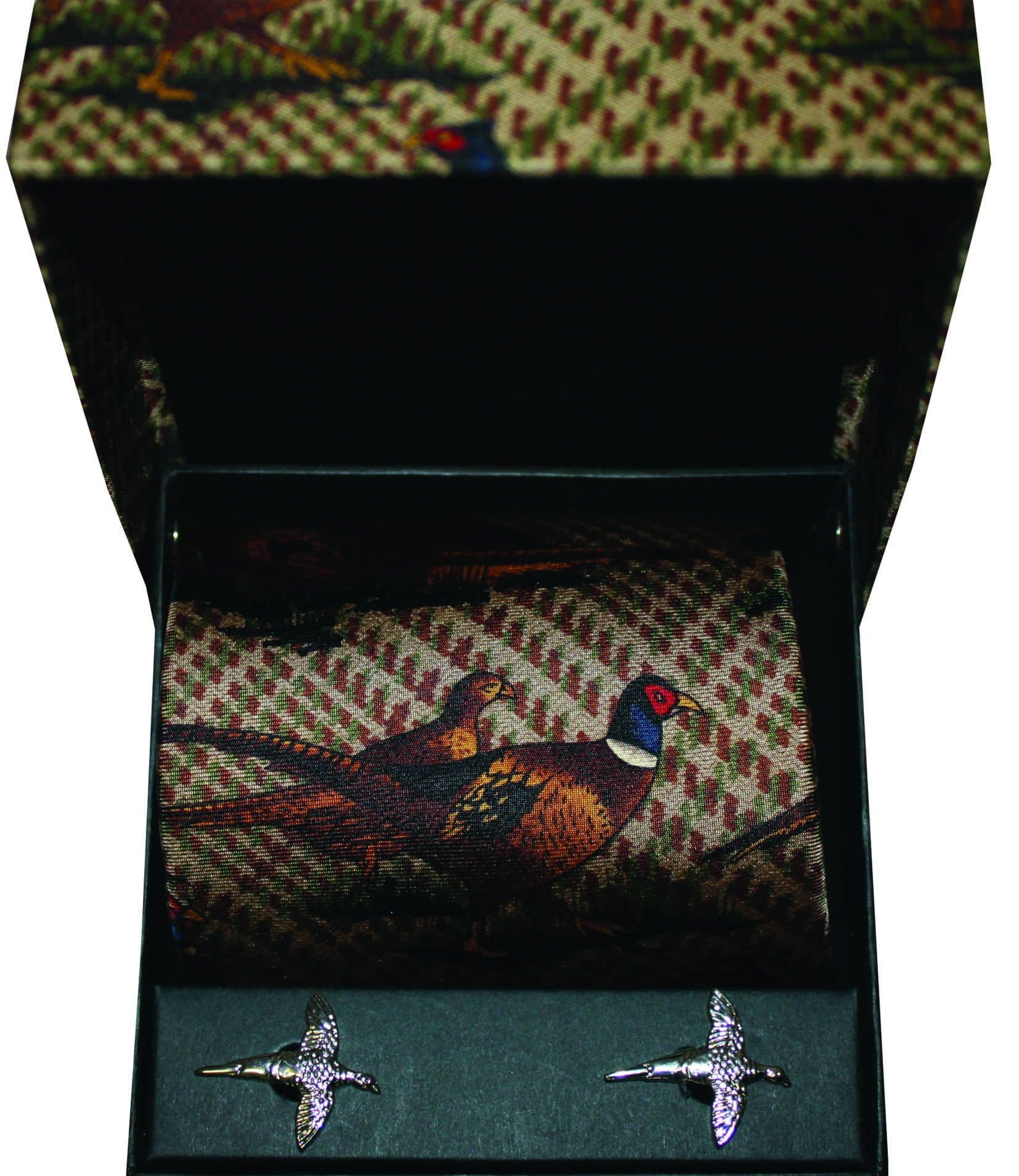 Soprano Pheasant Brown Patterend Country Printed Silk Tie and Cufflink Gift Box Set