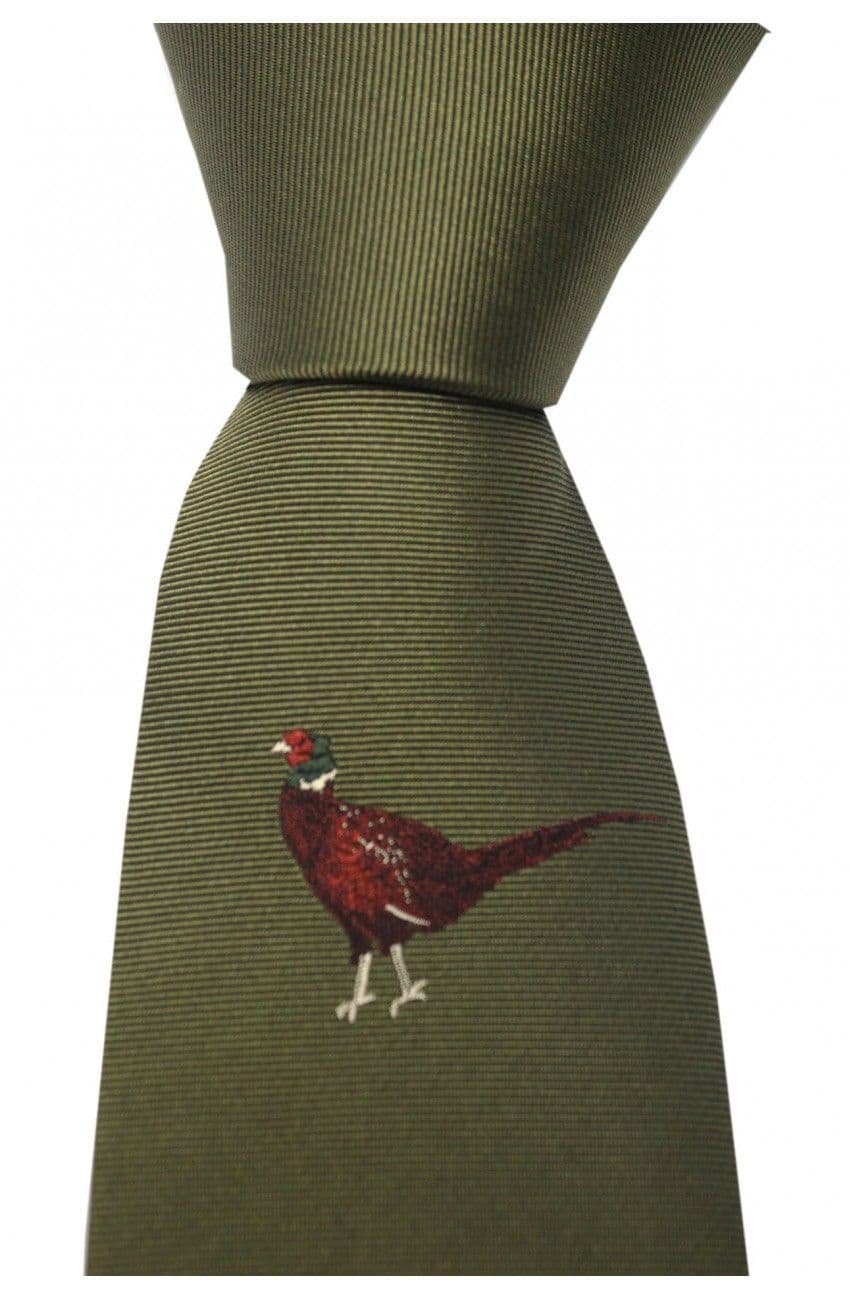 Soprano Single Motif Standing Pheasant  Woven Country Silk Tie - Green