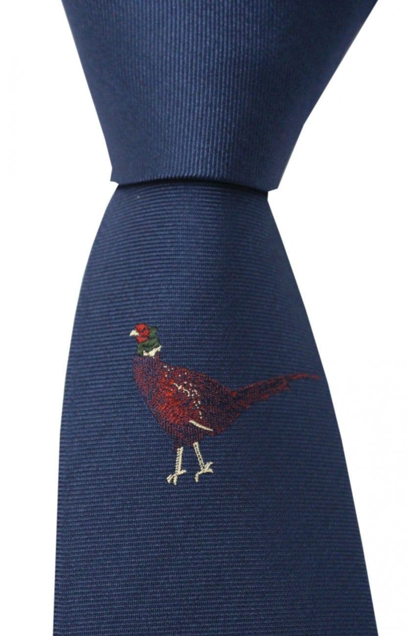 Soprano Single Motif Standing Pheasant Woven Country Silk Tie - Navy