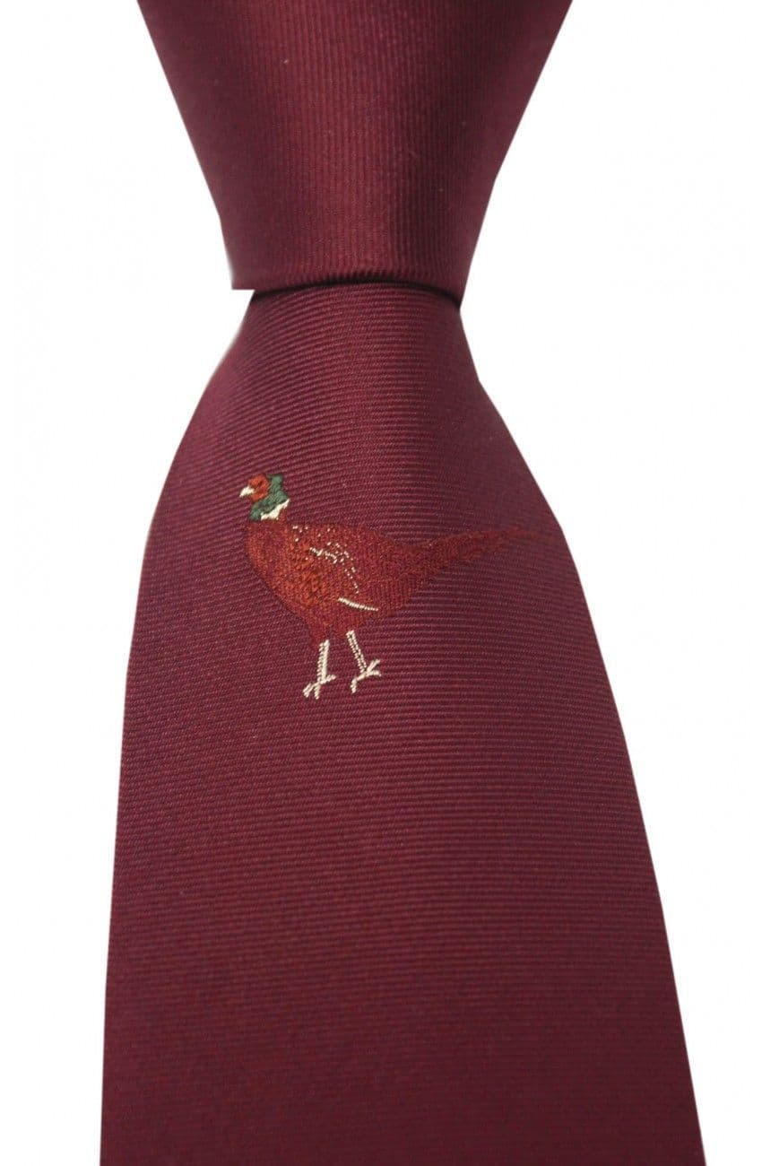 Soprano Single Motif Standing Pheasant Woven Country Silk Tie - Wine