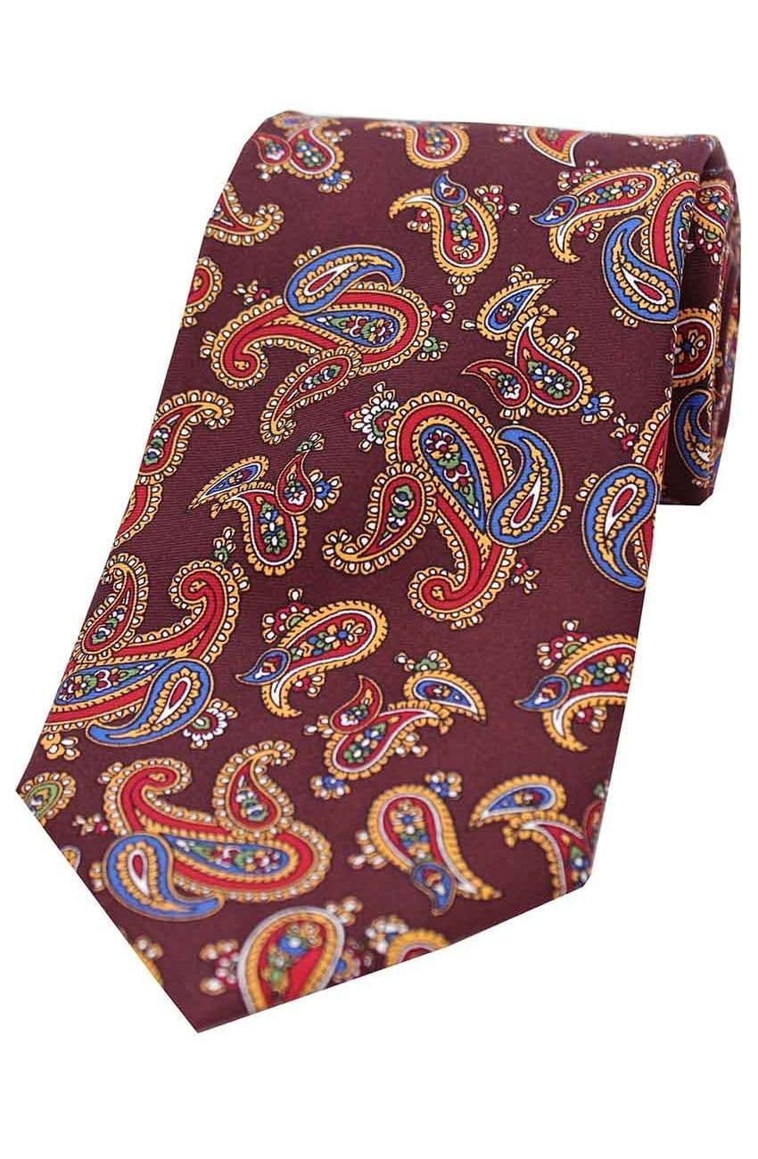 Soprano Vintage Large Paisley Printed Silk Country Tie  - Wine