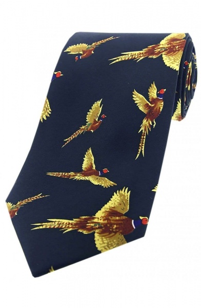Soprano Blue Large Flying Pheasant Printed Silk Country Tie - Navy