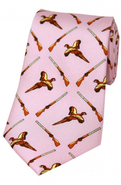 Soprano Flying Pheasants and Shotguns Printed Silk Country Tie - Pastel Pink