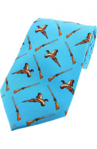 Soprano Flying Pheasants and Shotguns Printed Silk Country Tie - Sky Blue