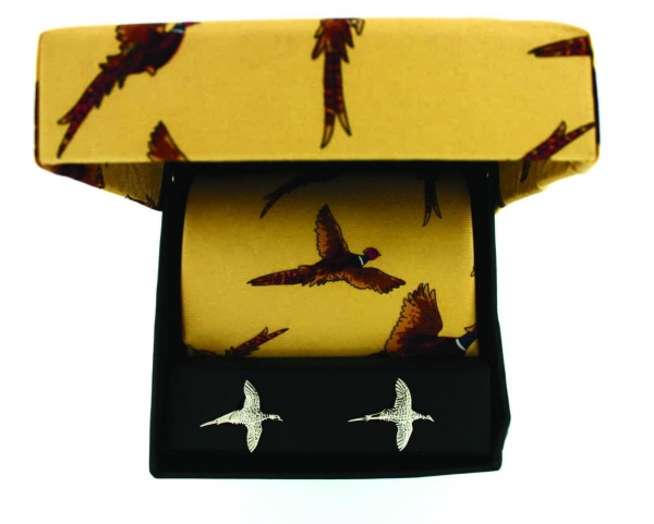 Soprano Gold Flying Pheasant Country Printed Silk Tie and Cufflink Gift Box Set