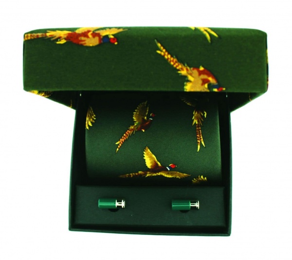 Soprano Green Flying Pheasant Country Printed Silk Tie and Cufflink Gift Box Set
