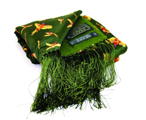 Soprano Green Flying Pheasant Printed Silk Country Scarf with Lambs Wool Backing