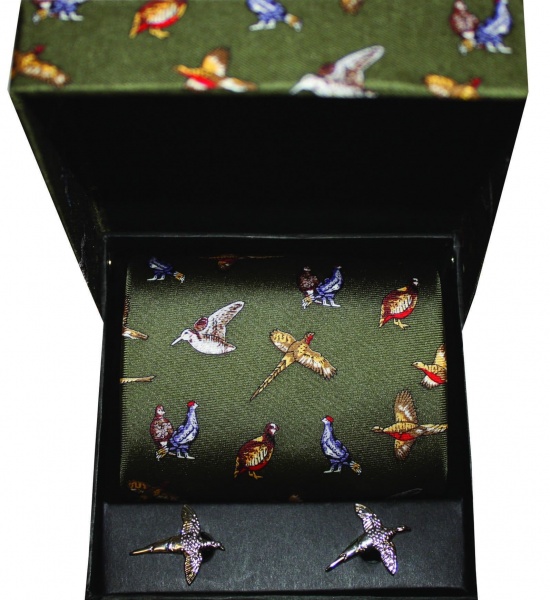 Soprano Olive Game Birds Country Printed Silk Tie and Cufflink Gift Box Set