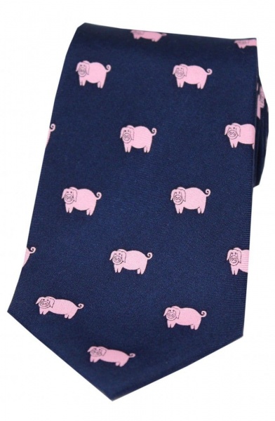 Soprano Pink Pigs Printed Silk Country Tie - Navy