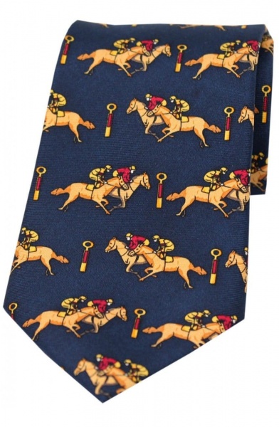 Soprano Racing Jockeys Past The Post Printed Silk Country Tie - Navy