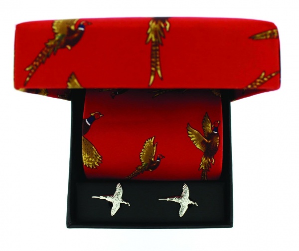 Soprano Red Flying Pheasant Country Printed Silk Tie and Cufflink Gift Box Set