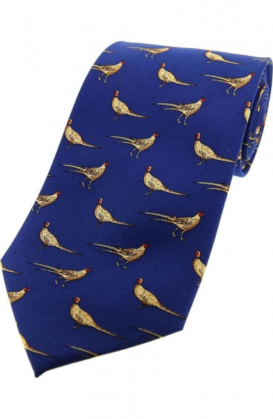 Soprano Standing Pheasant Printed Silk Country Tie - Blue