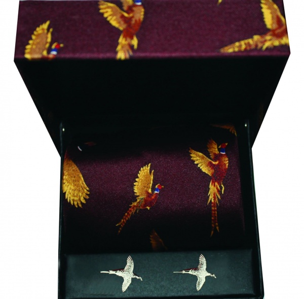 Soprano Wine Flying Pheasant Country Printed Silk Tie and Cufflink Gift Box Set
