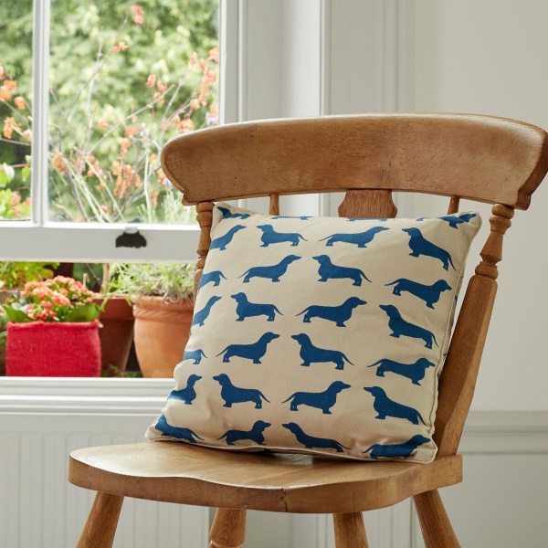 The Labrador Company Cotton Print Cushion - Blue Dachshund