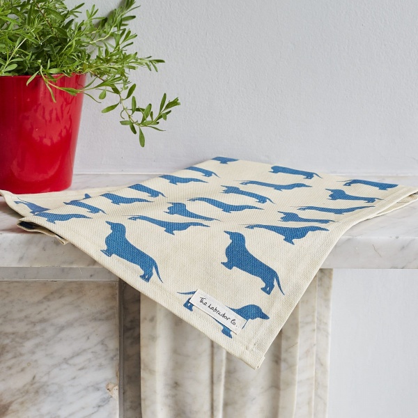 The Labrador Company Dog Print Tea Towel - Blue Dachshund